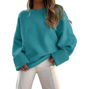 Women's  Lake- Green Blue Oversized Long Sleeve Casual Fuzzy Knit Sweater